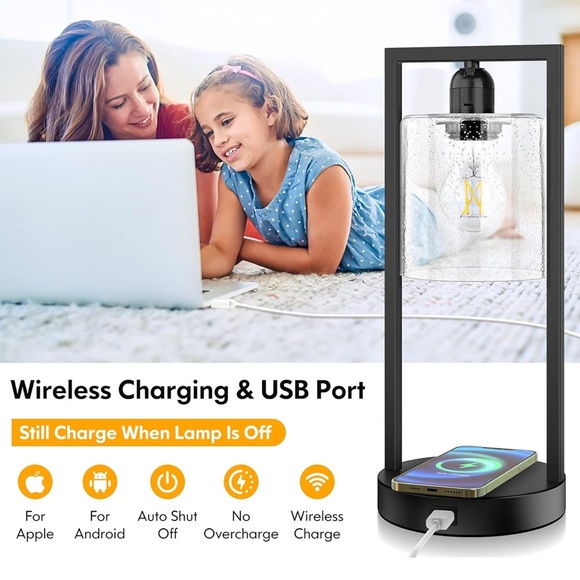 Set of 2 Wireless Charging Touch Control Lamps Dimmable Nightstand USB Port Lamp - Picture 2 of 7